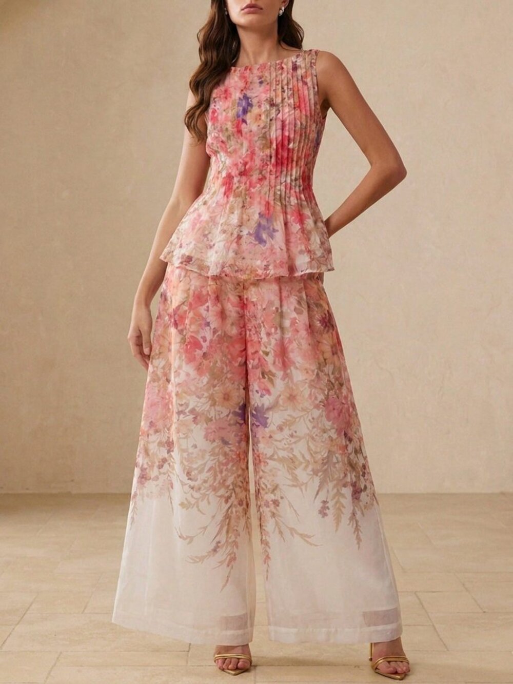 Pink Elegant Women's Floral Print Ruched Waist Top With Loose Wide Leg Pants